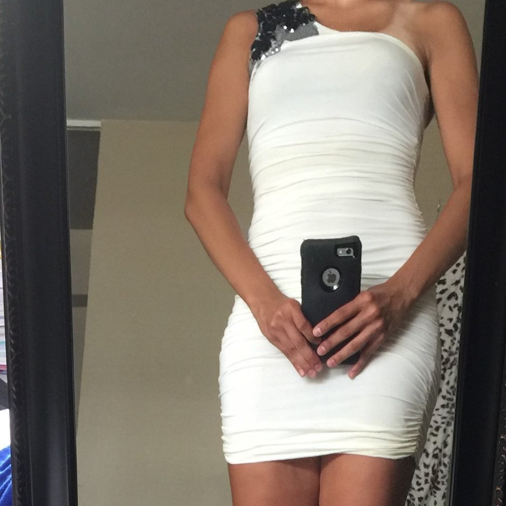 Jane Norman White Ruched One Shoulder Dress